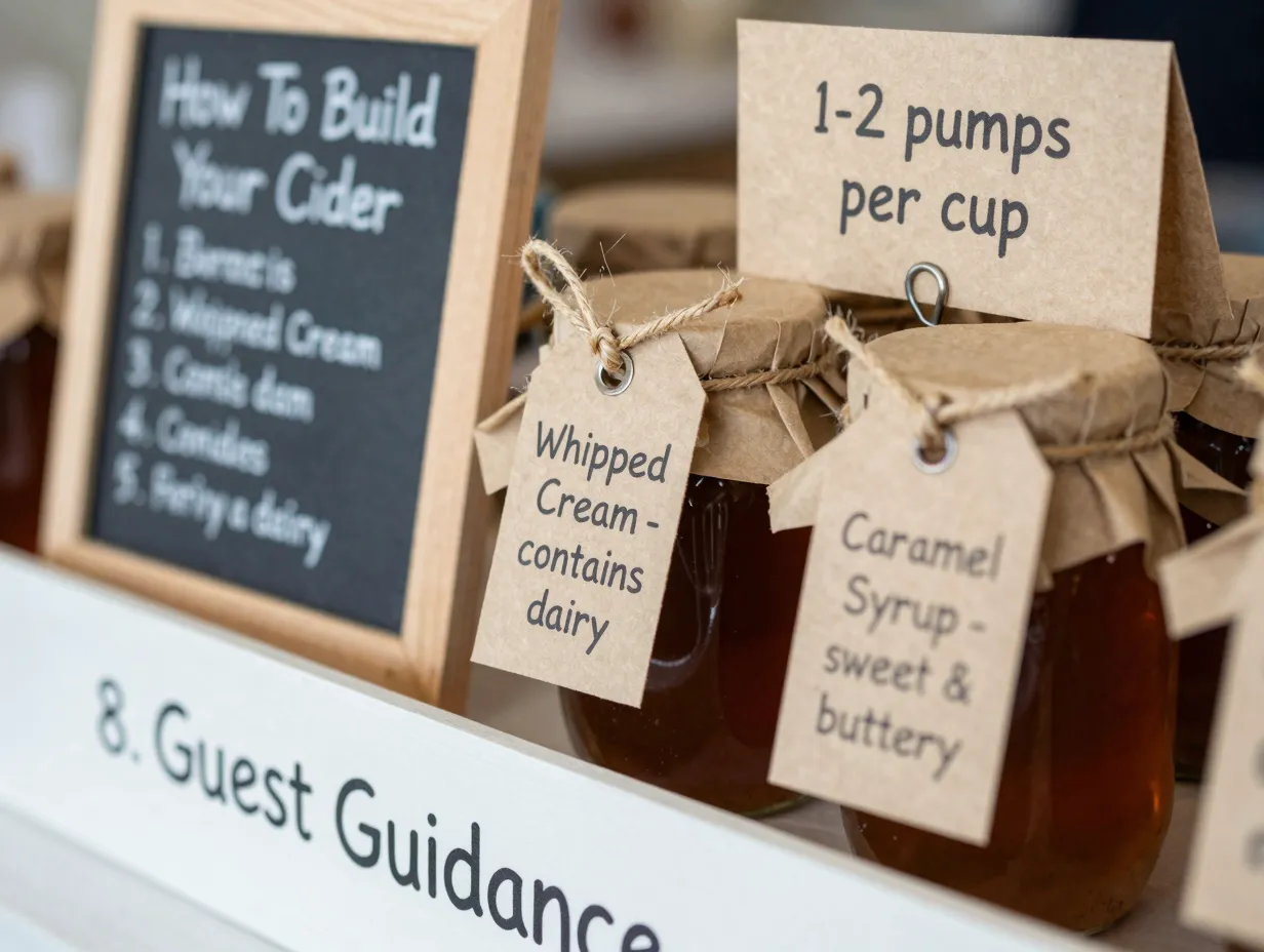 Detailed instructional labels and chalkboard for cider bar