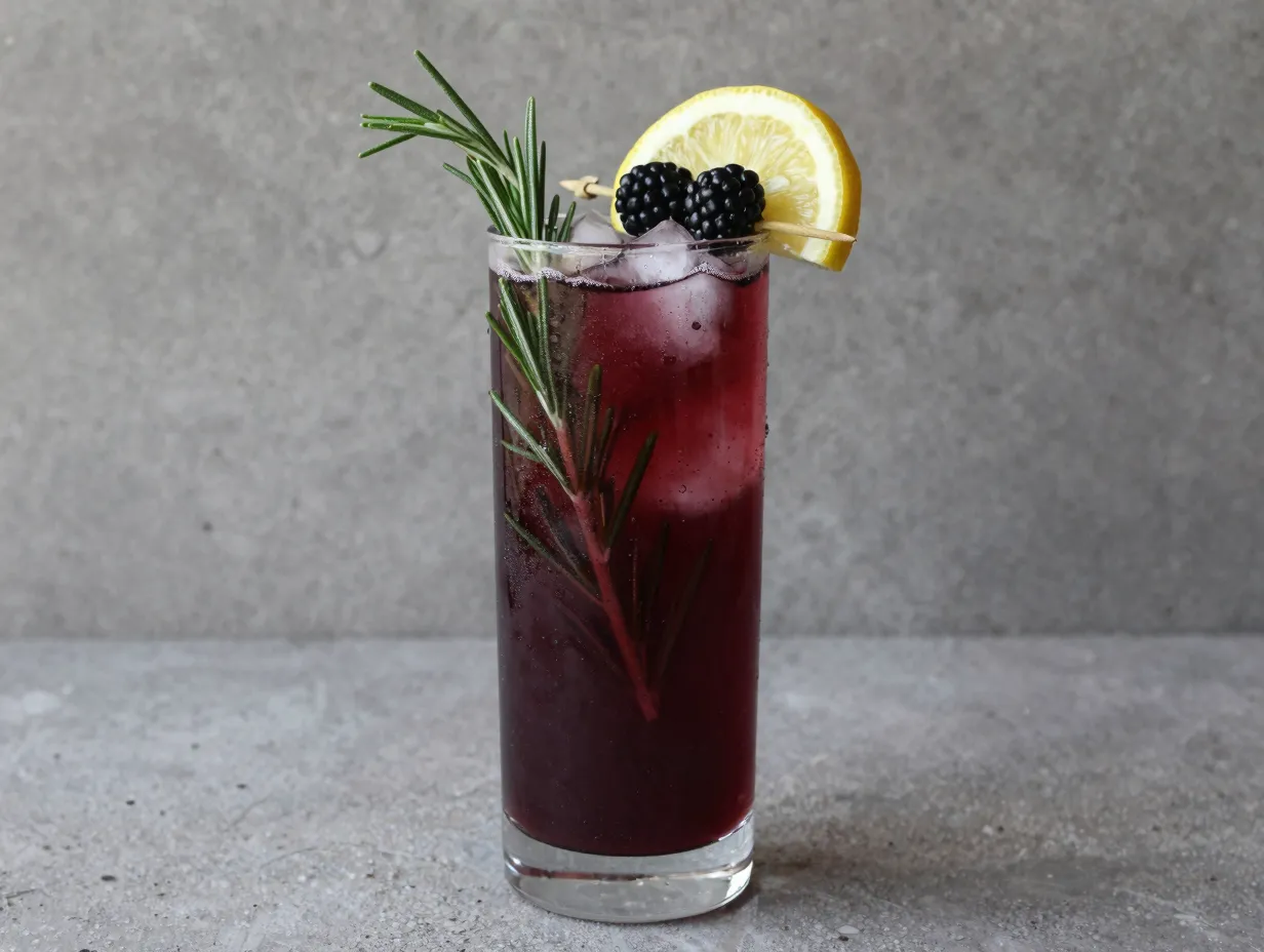 Herb garden shrub spritz with rosemary and berries in tall glass