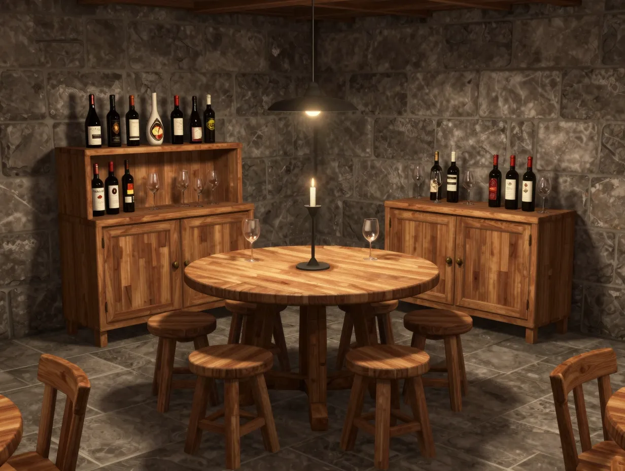 Integrated wine tasting area with table chairs and sideboard