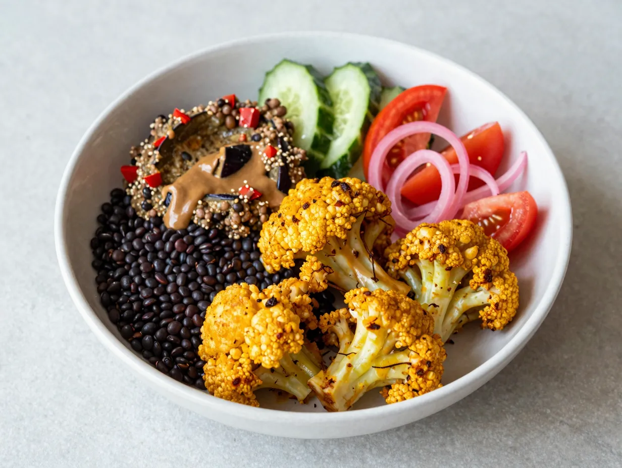 Spiced cauliflower black lentil vegan bowl healthy celebration spread