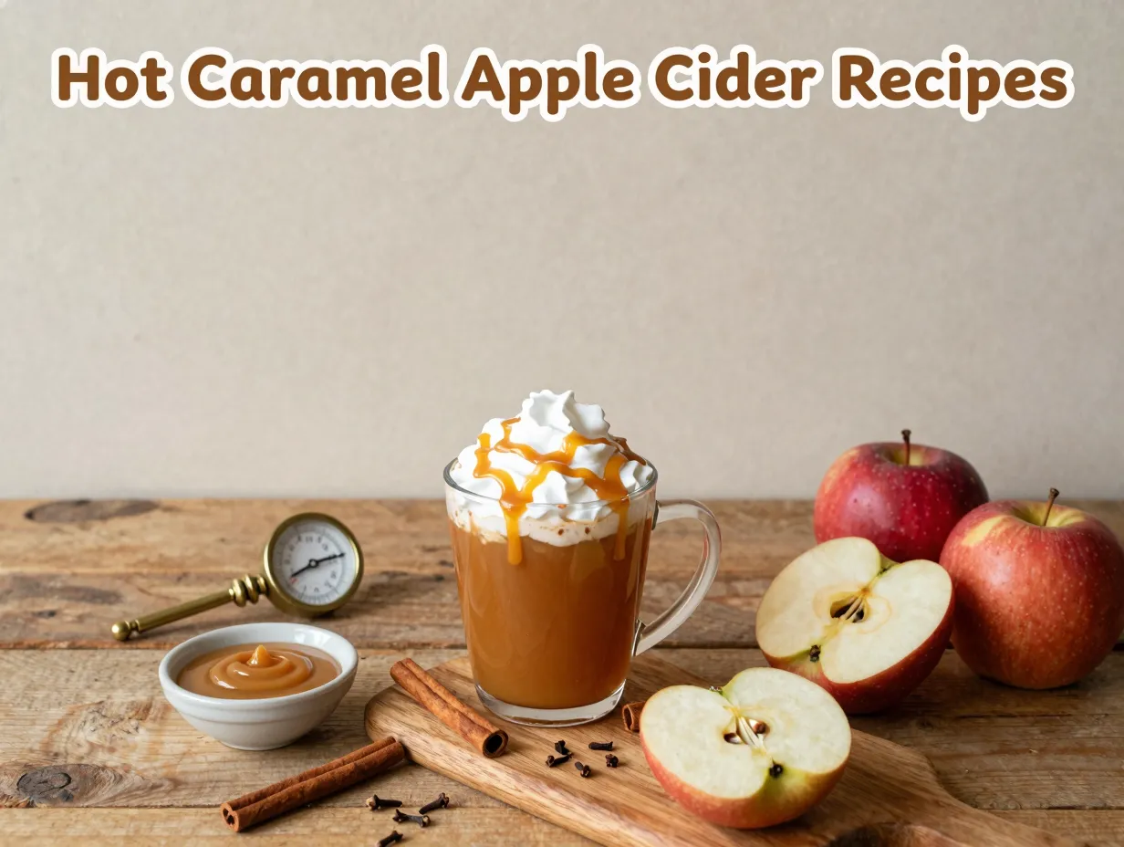 Cozy autumn hot caramel apple cider mug spices wooden table