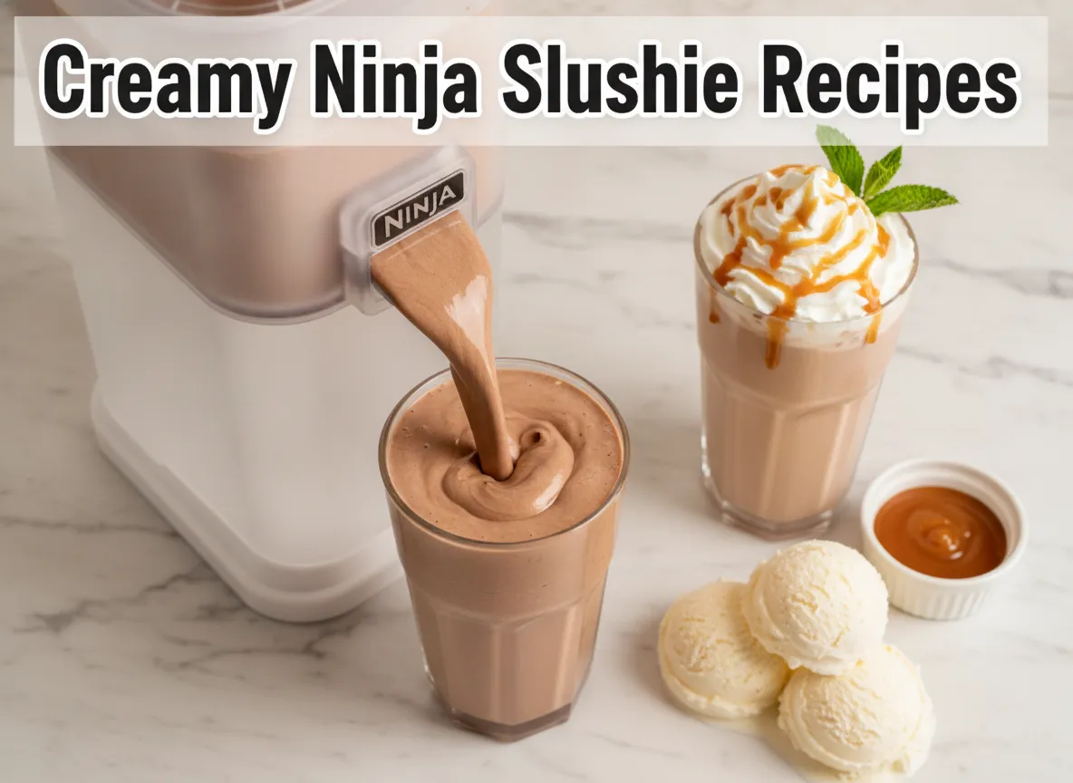 Frosty ninja machine pouring thick creamy chocolate milkshake glass