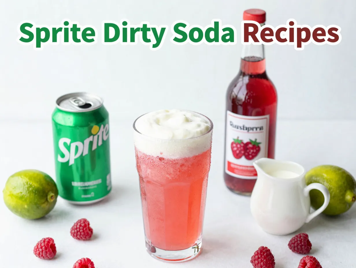 Frosty raspberry cream sprite glass surrounded ingredients lay