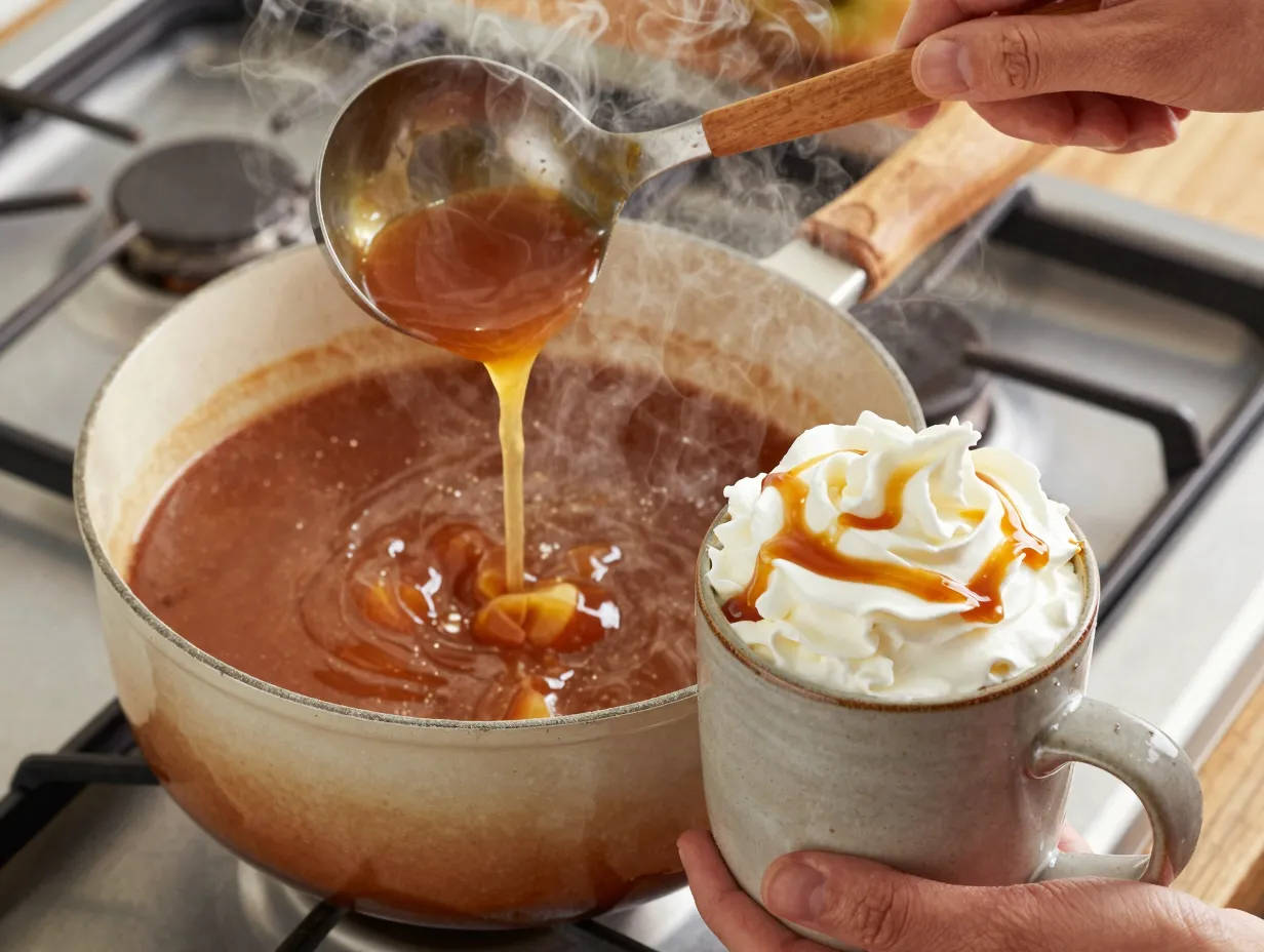 Classic caramel apple cider in saucepan with whipped cream garnish