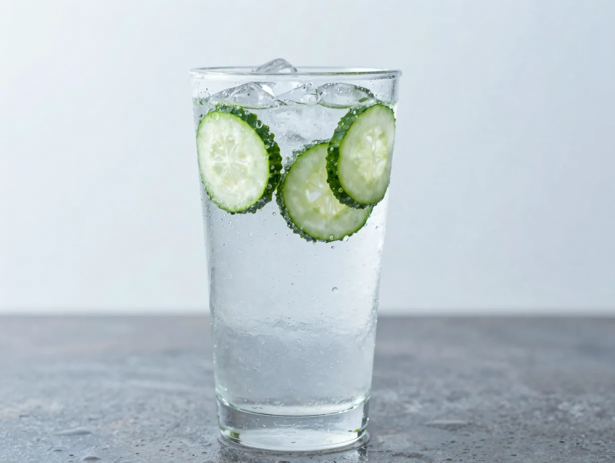 Classic hendricks gin tonic with floating cucumber rounds floating