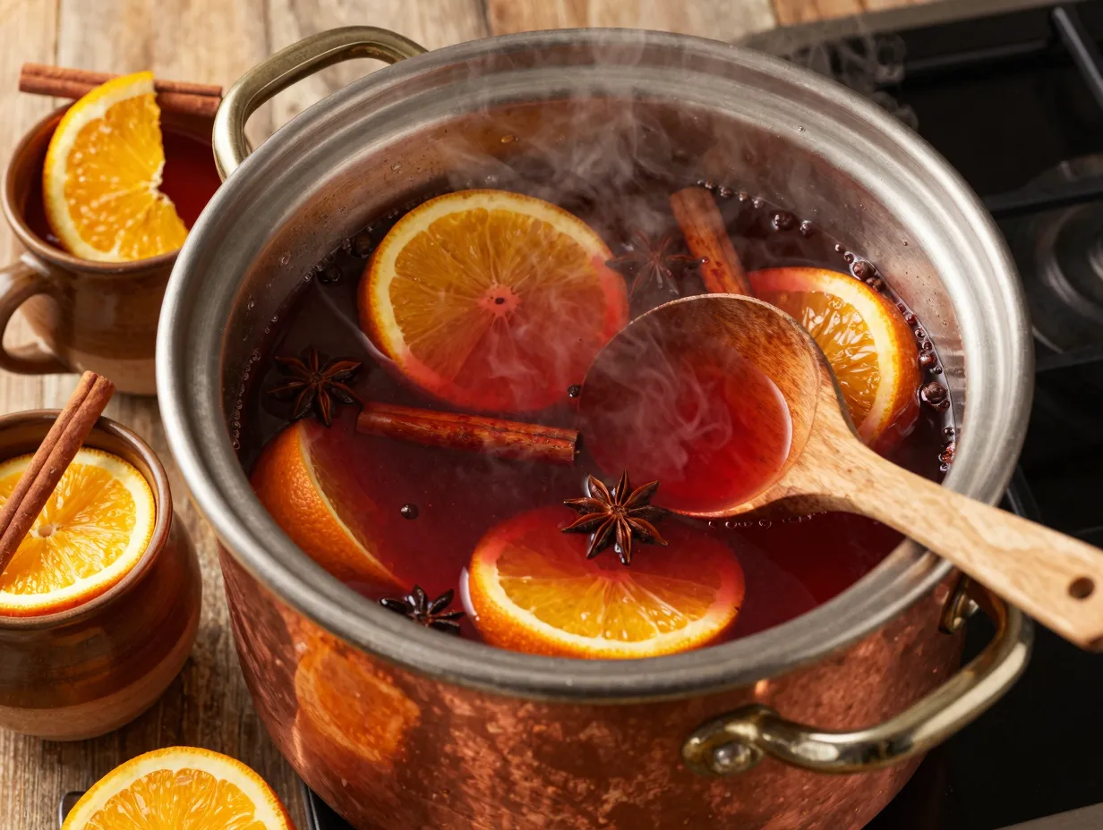 Classic spiced mulled apple cider in pot slow cooker