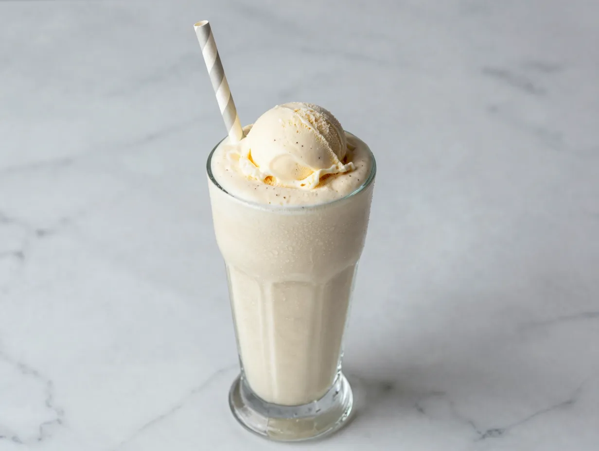 Classic vanilla slushie milkshake in tall glass with straw