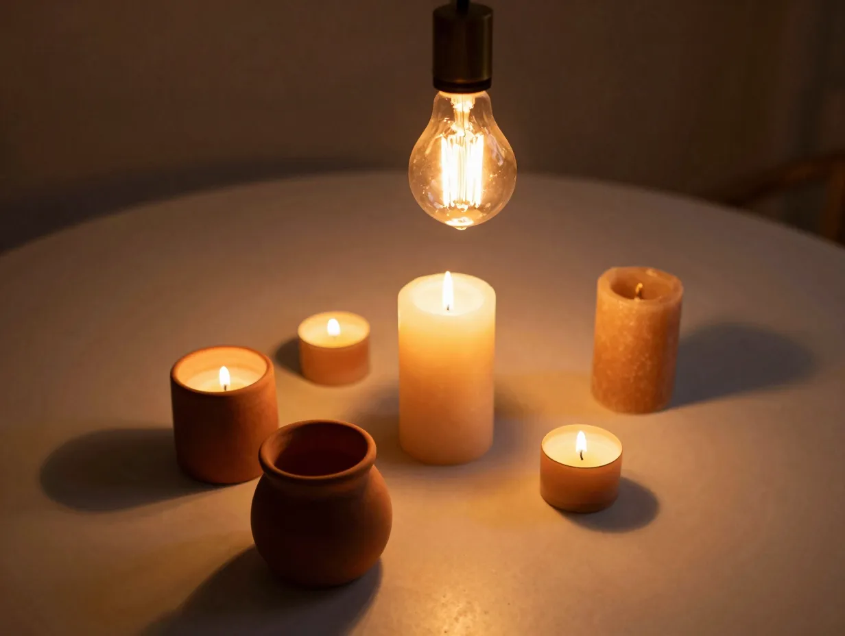 Golden hour lighting with warm candles on an indoor table