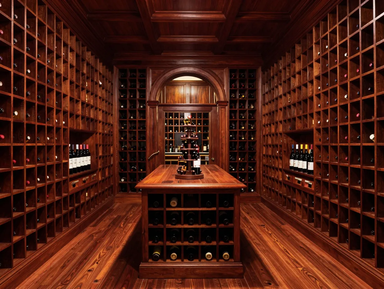 Grand mahogany wine cellar with arched doorway and central tasting table