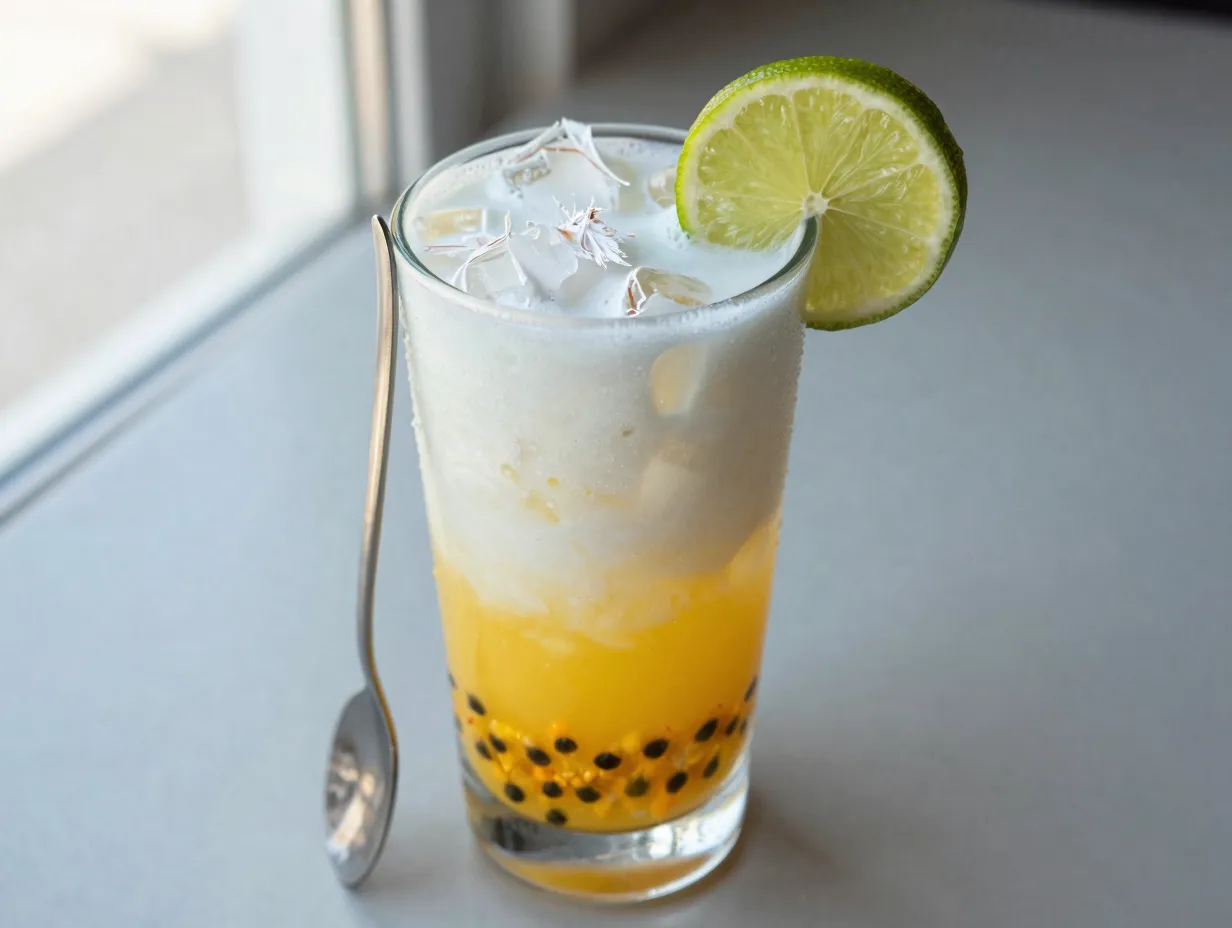 Tropical passionfruit coconut sprite with floating coconut milk garnished with lime