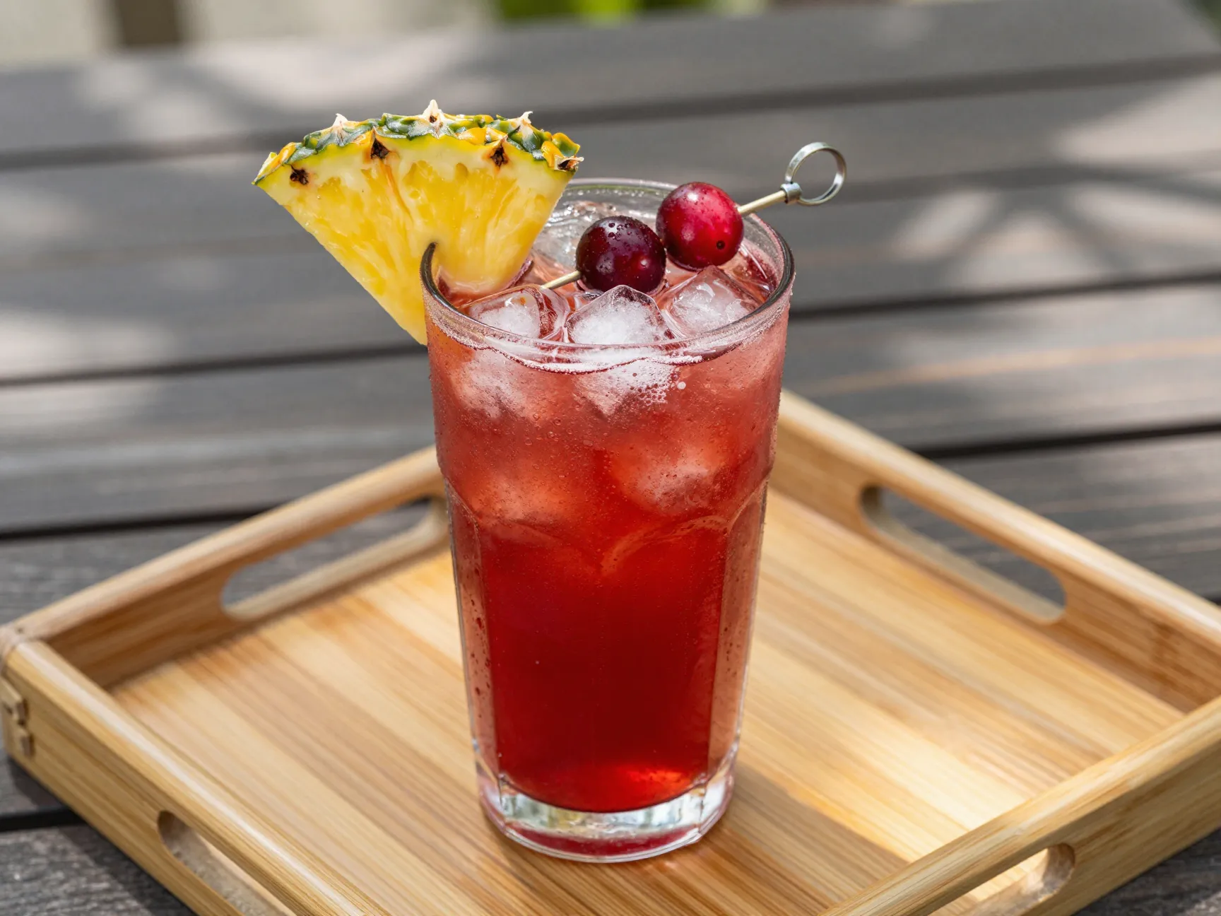 Tropical redrum punch with pineapple cranberry ice highball