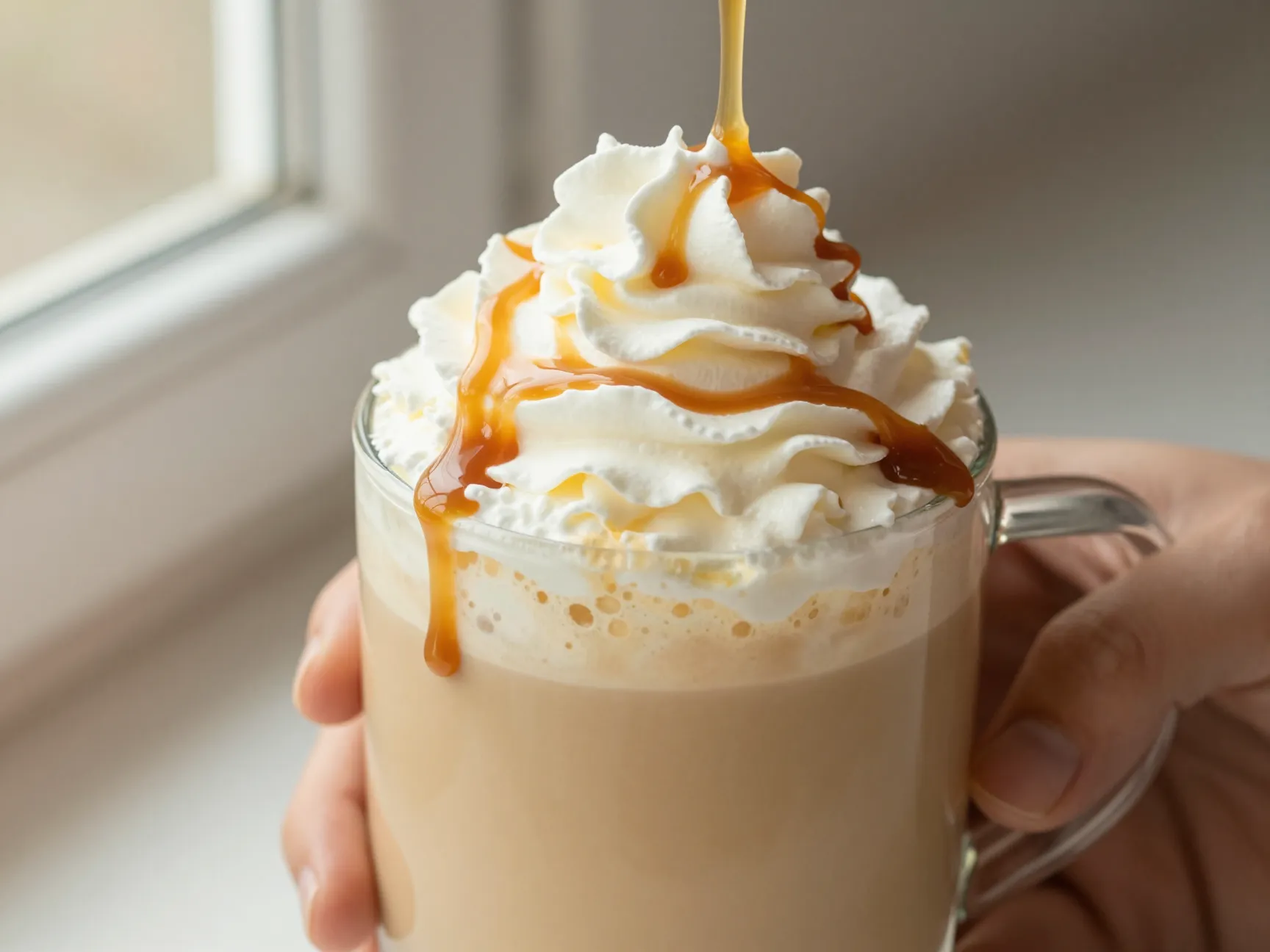 Creamy caramel hot apple cider with whipped cream drizzle layered presentation