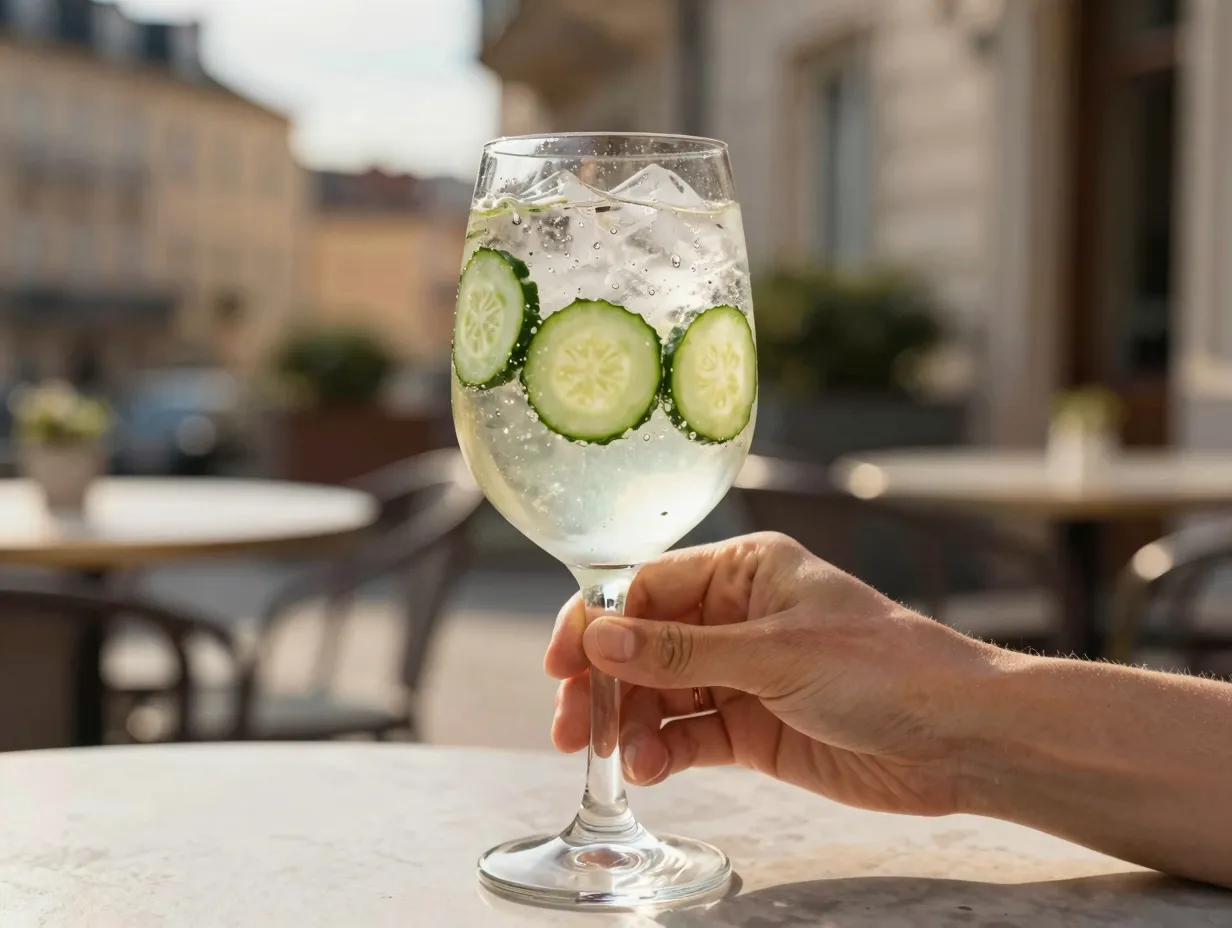 Hendricks cucumber spritz with elderflower and soda