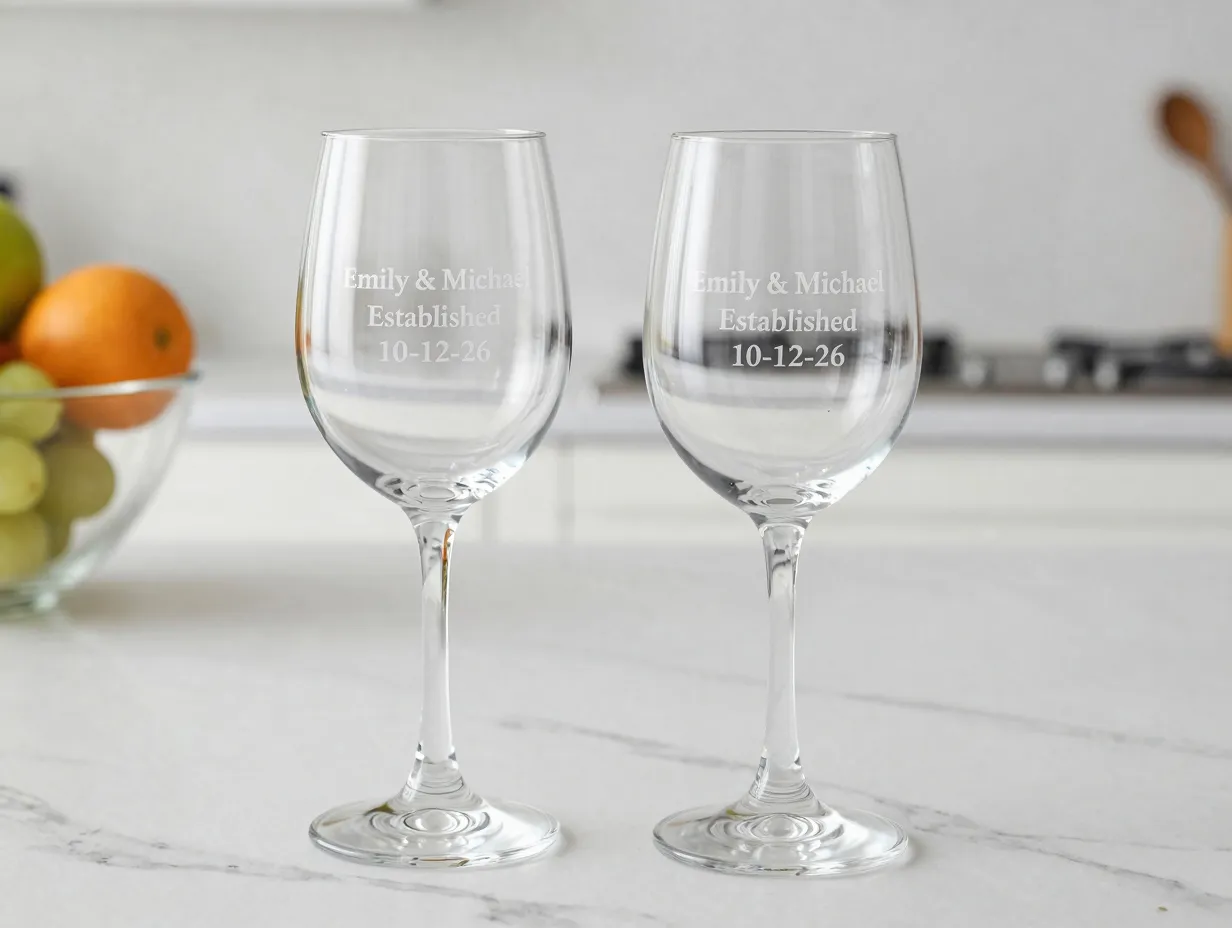 Laser etched personalized couples wine glass kitchen anniversary toast