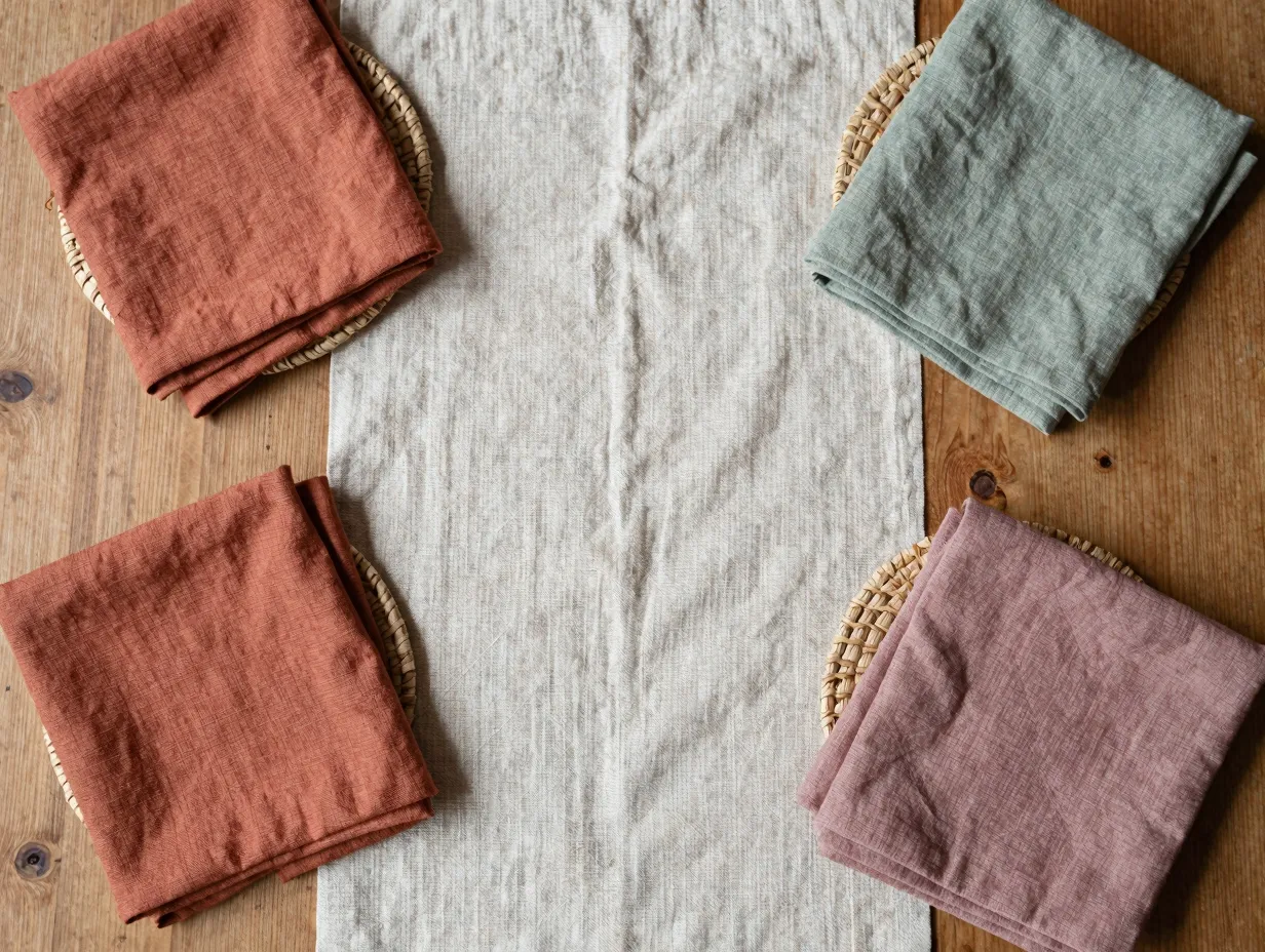 Natural linen runner and mismatched napkins on a raw wood table