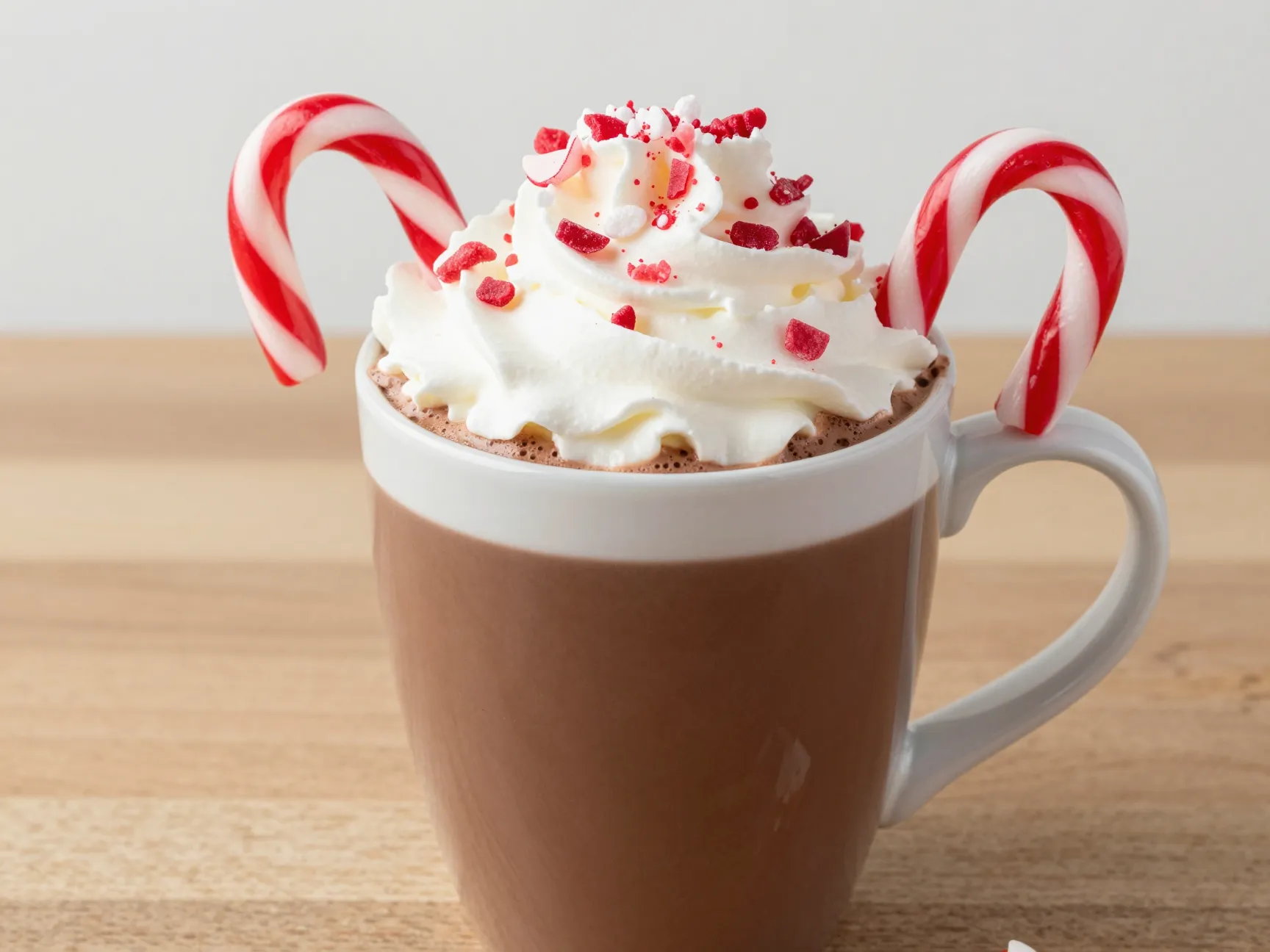 Peppermint hot chocolate mug whipped cream candy cane