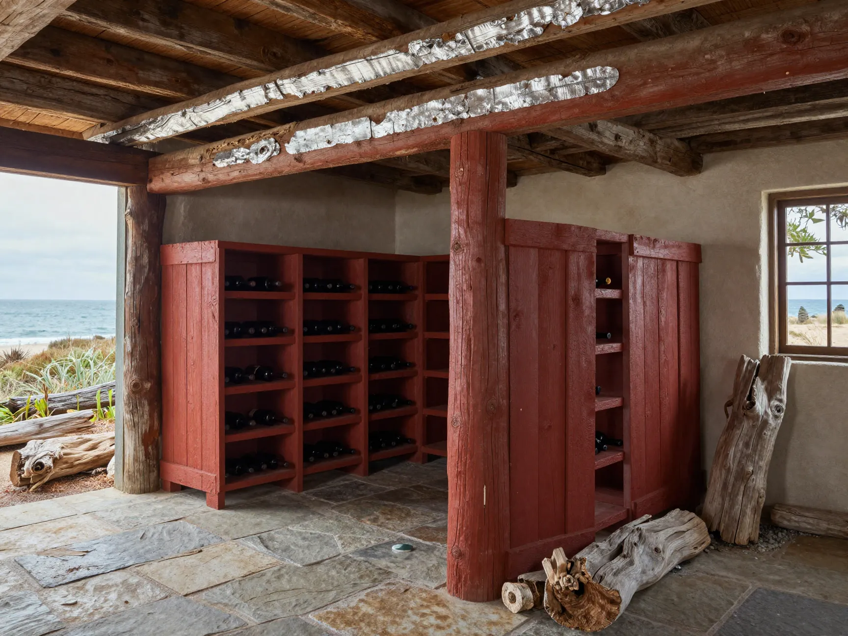 Rustic coastal redwood wine cellar with rough sawn beams and stone floor