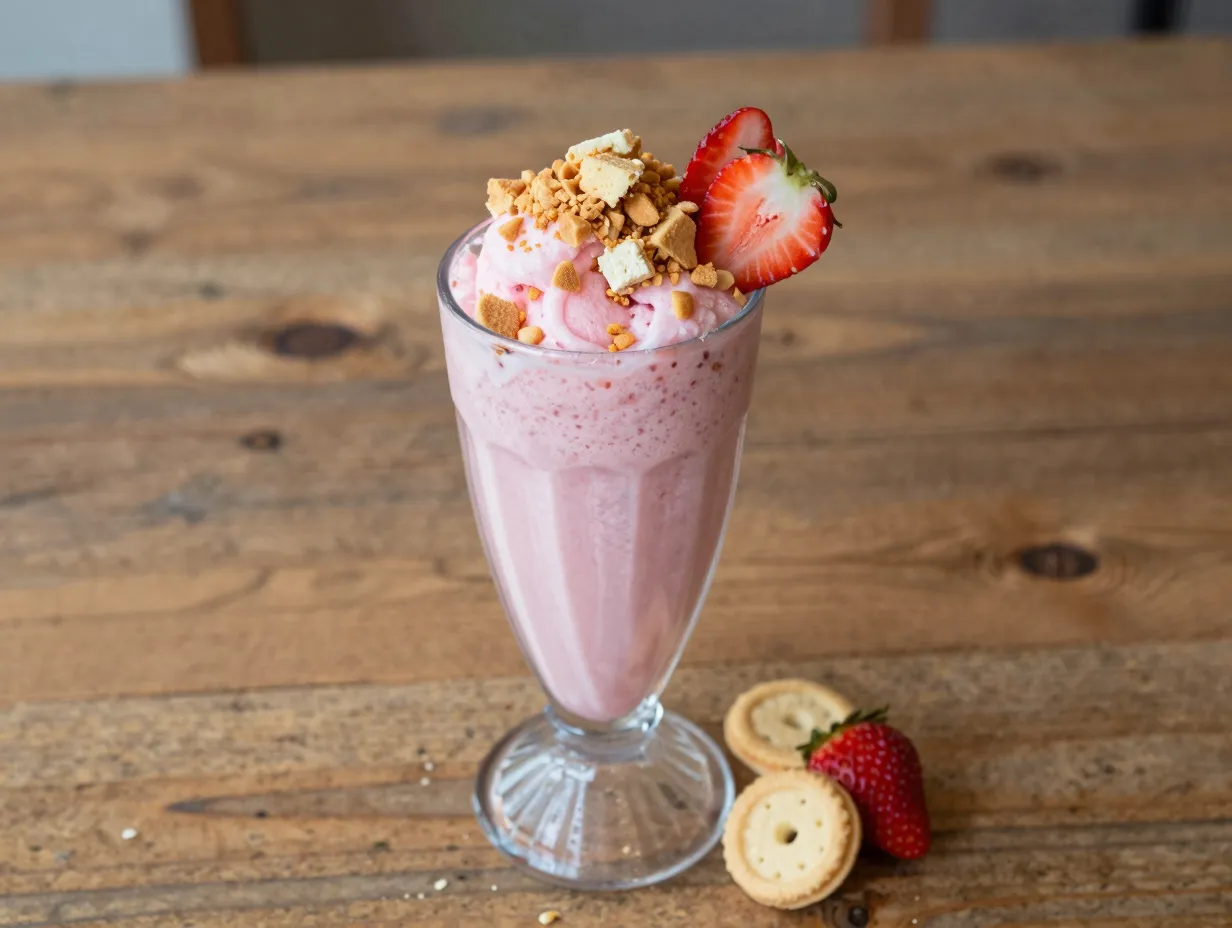 Strawberry shortcake slushie with crushed vanilla wafer topping