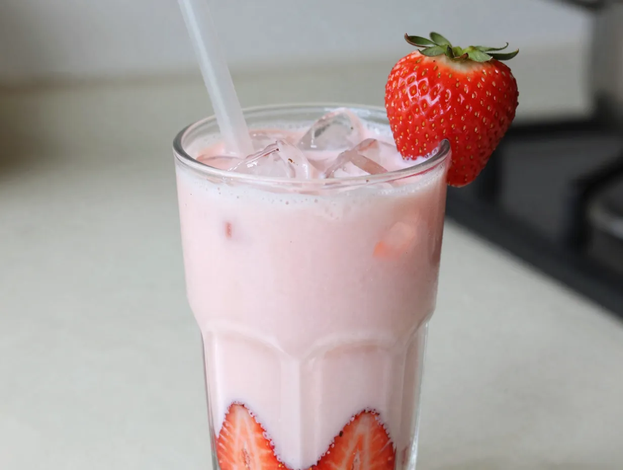 Coconut strawberry sprite drink with muddled strawberries and garnish