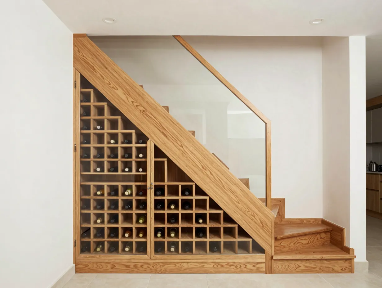 Compact oak wine cellar built under a sloped staircase with glass front