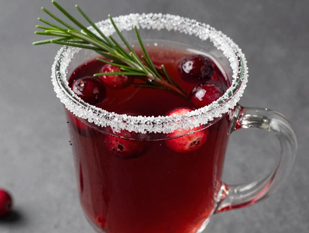 Mulled cranberry punch glass rosemary sprig sugared rim