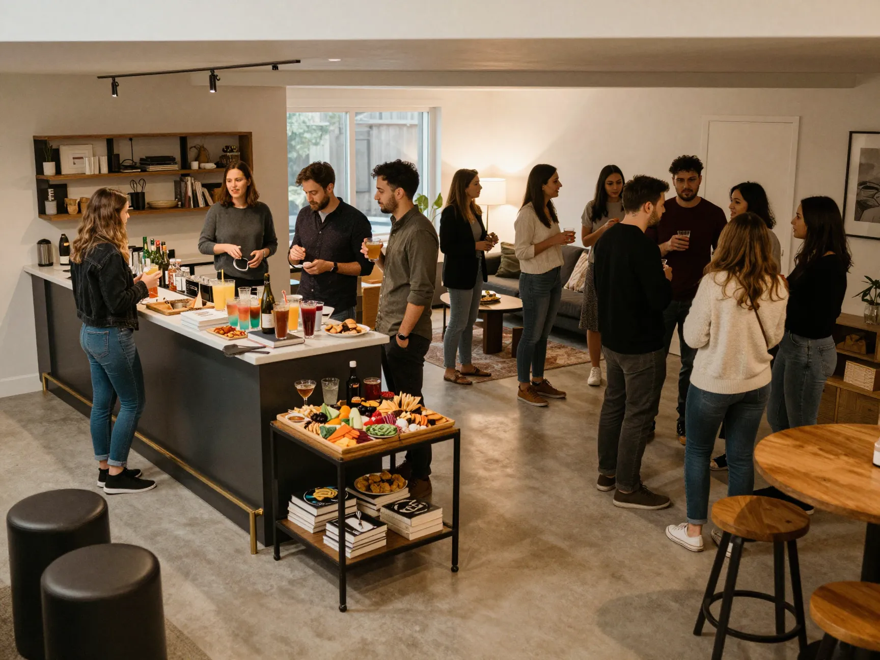 People mingling at a standing height drinks and grazing station
