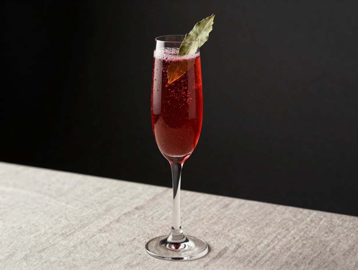 Poinsettia cocktail in champagne flute bay leaf garnish