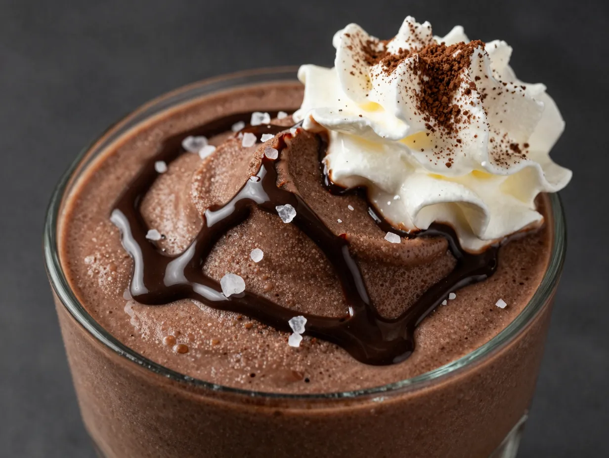 Rich chocolate fudge slushie with sea salt and syrup drizzle