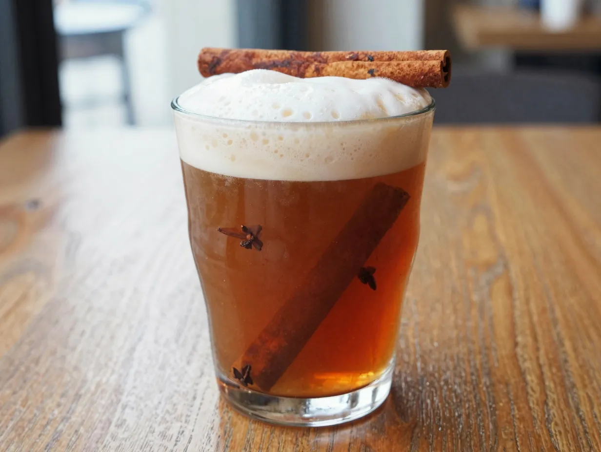 Starbucks inspired spiced caramel apple cider with milk foam