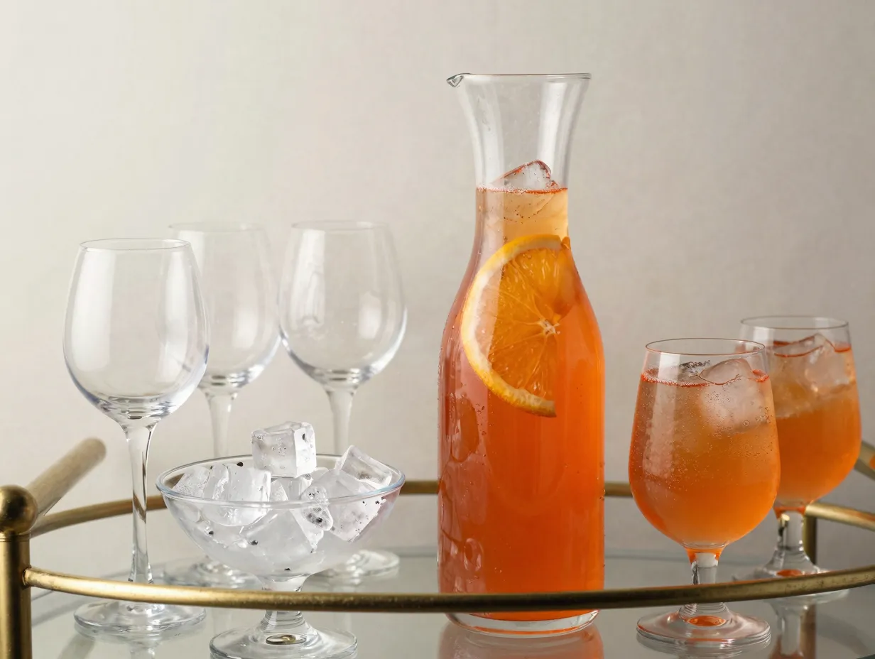 A large glass carafe of aperol spritz with balloon glasses