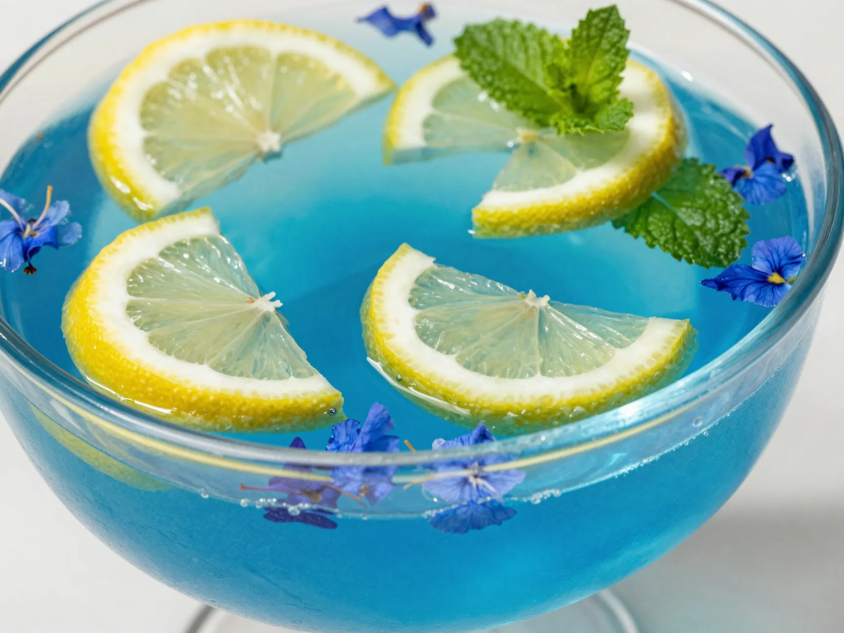 Clear crystal blue lagoon mocktail punch lemon garnishes