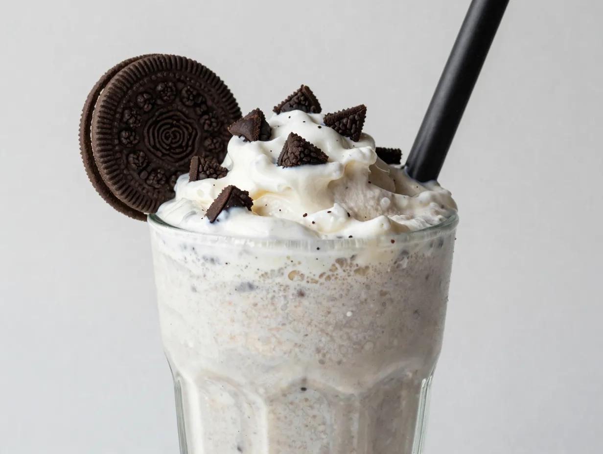 Cookies and cream slushie with oreo cookie pieces and garnish