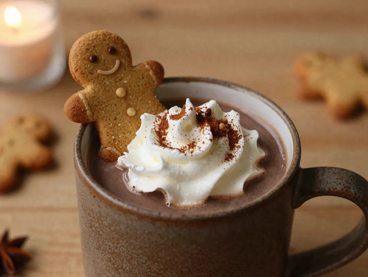 Gingerbread hot chocolate mug cookie whipped cream spices