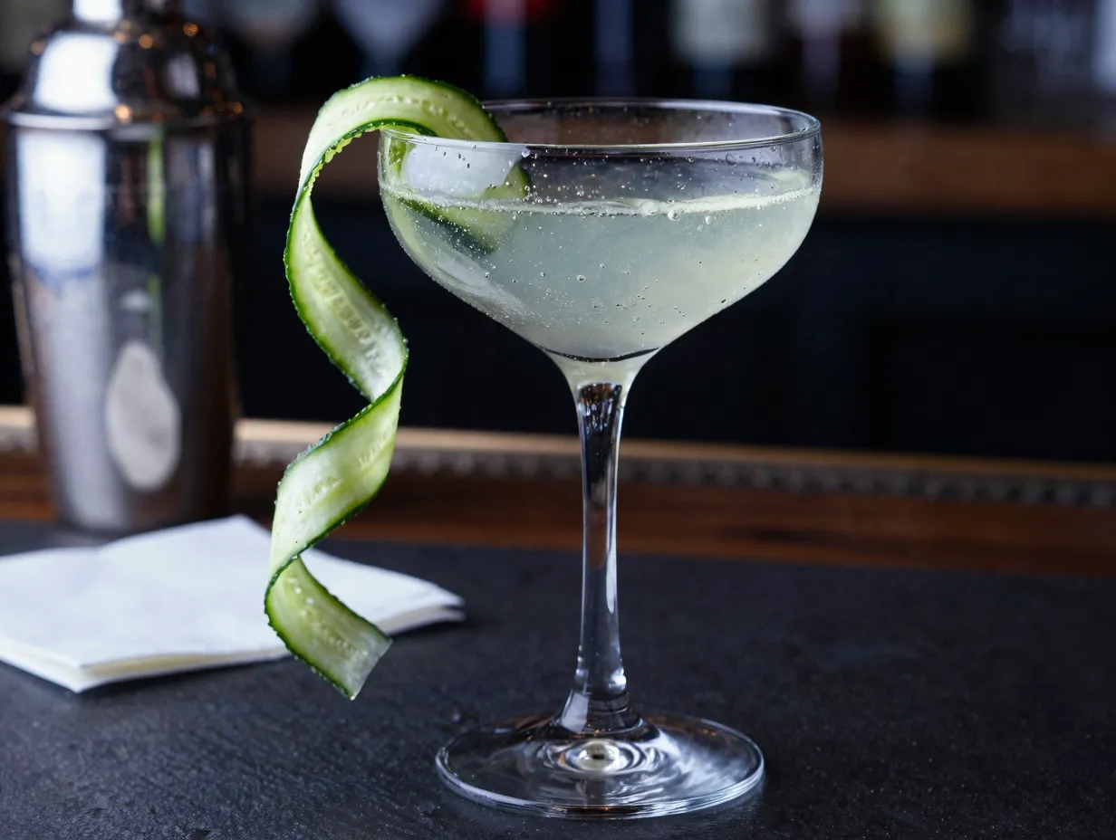 Hendricks cucumber martini with cucumber ribbon