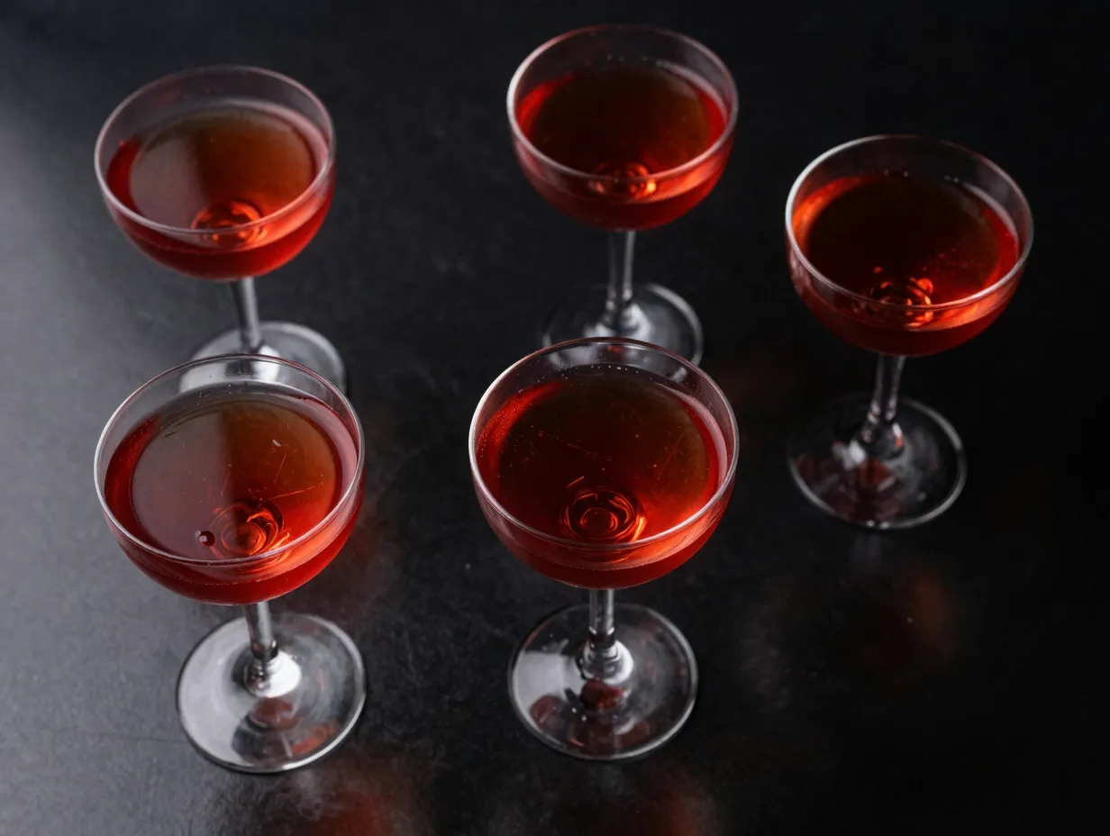 Red square cocktail in chilled coupe glass complex citrus