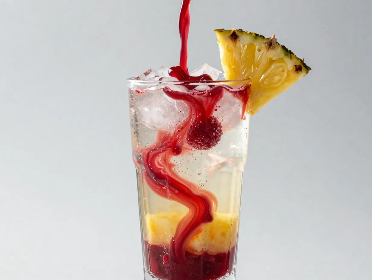 Swirled raspberry pineapple sprite with purees creating layered effect
