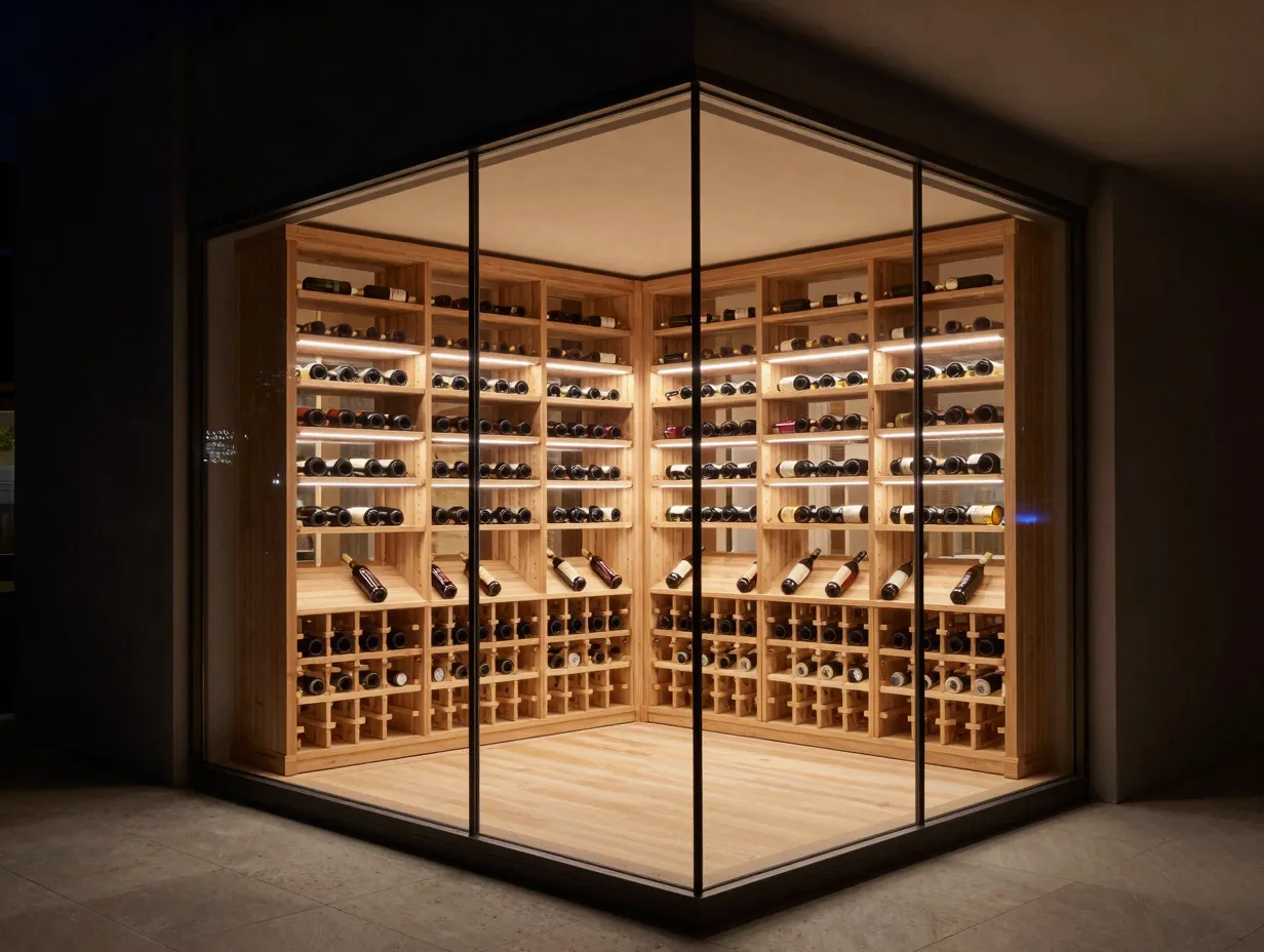 Glass enclosed modern pine wine cellar with led strip lighting