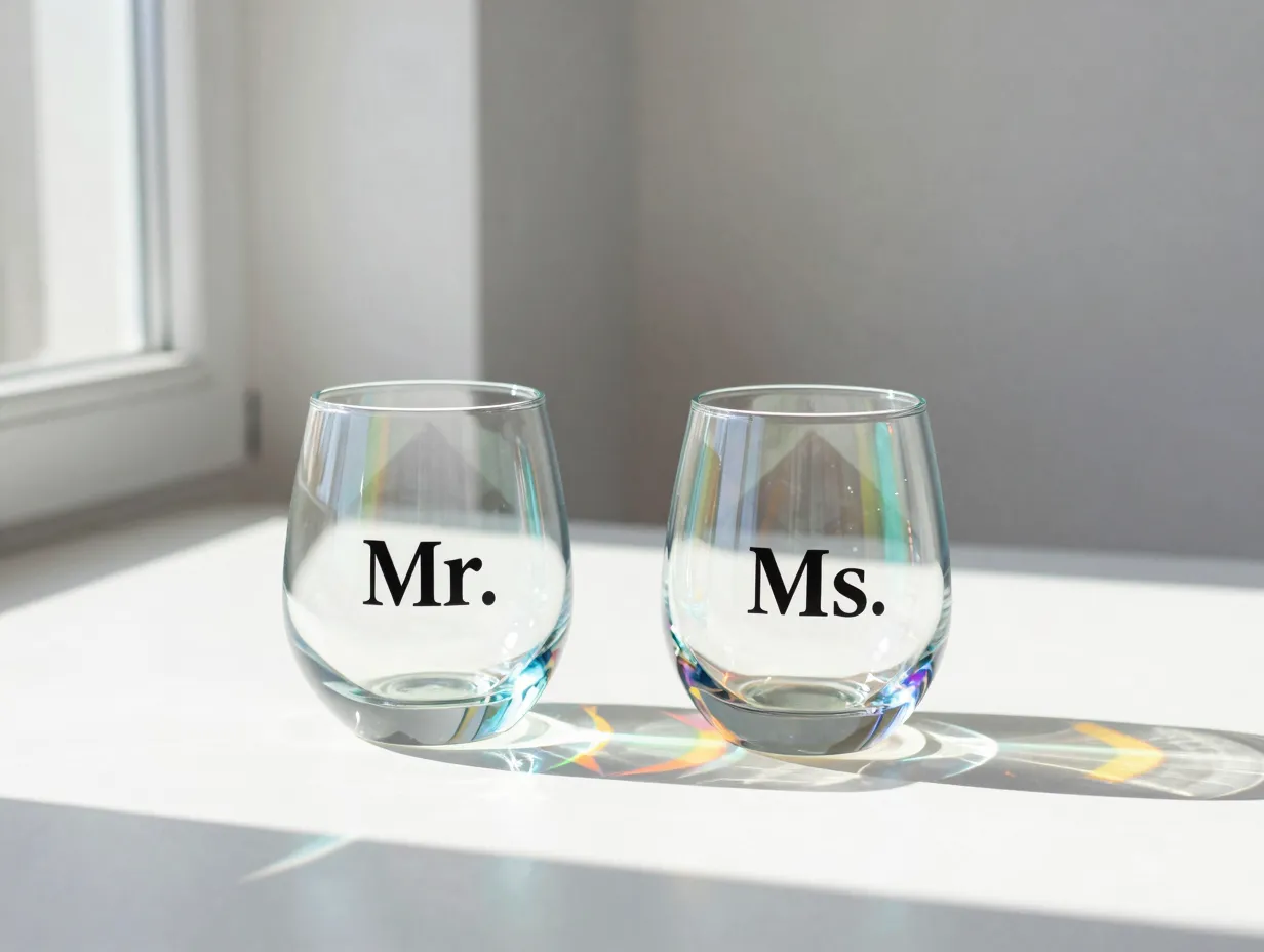 Iridescent diamond shaped mr mrs stemless wine glasses colorful light