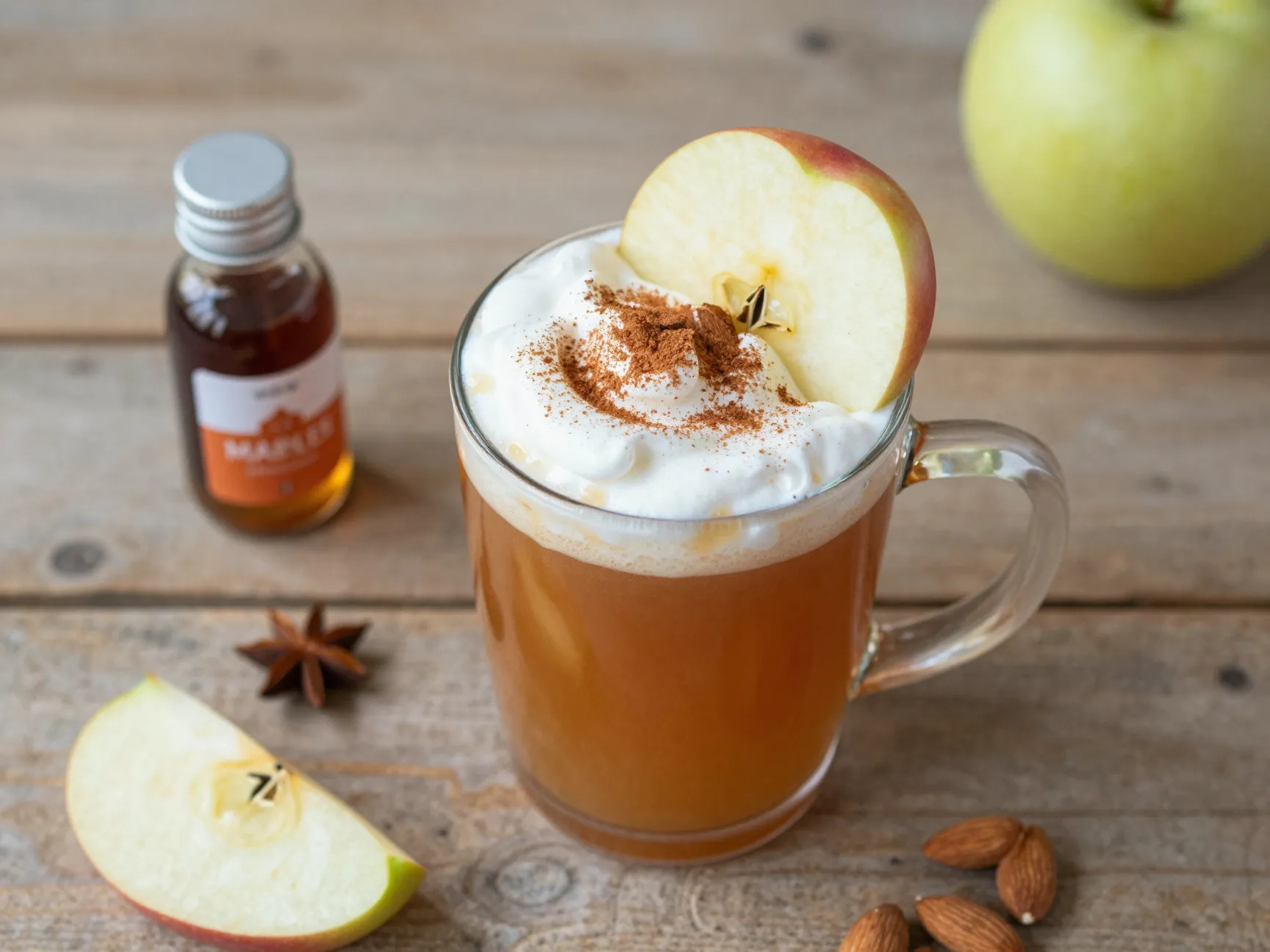 Maple almond caramel apple cider garnished with fresh apple slice