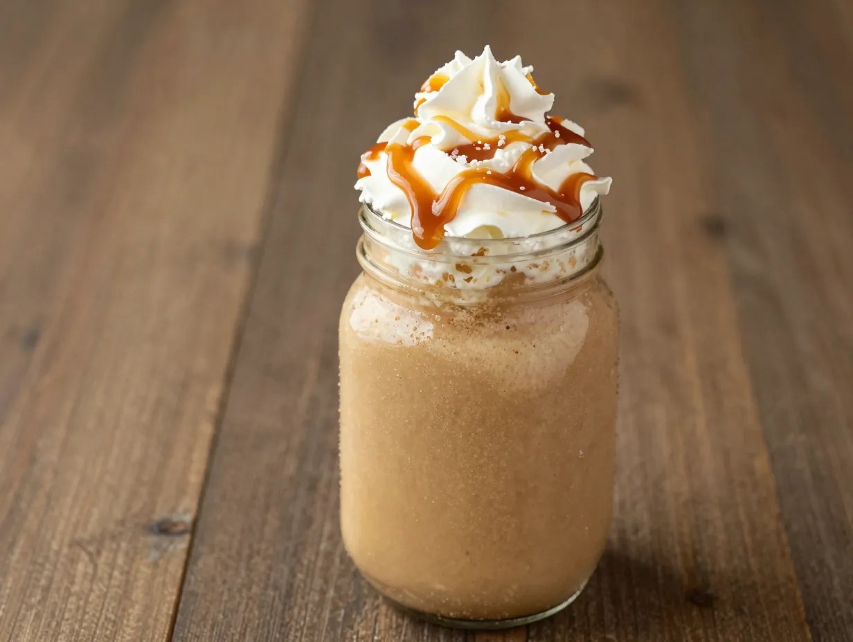 Salted caramel slushie with whipped cream and caramel drizzle