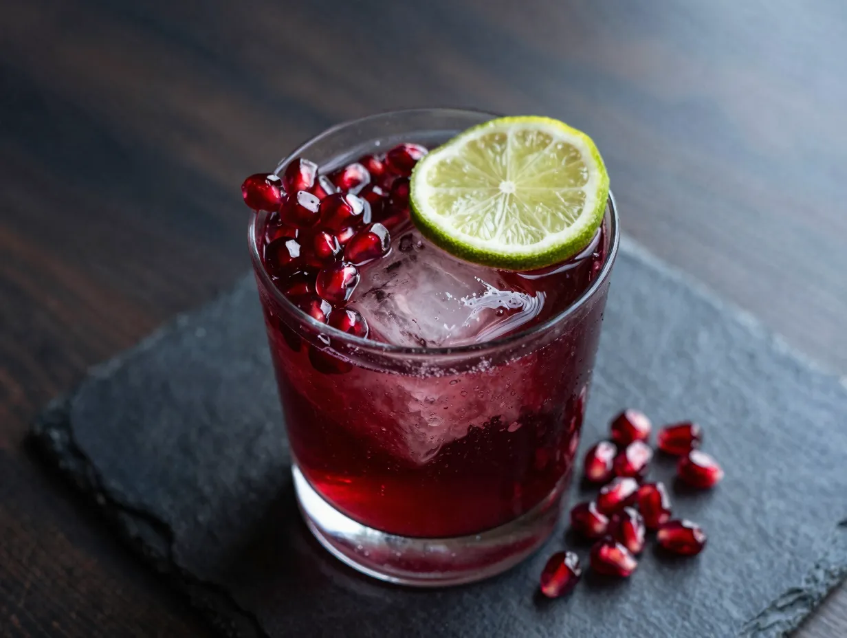 Sophisticated pomegranate raspberry lime sprite with elegant garnishes