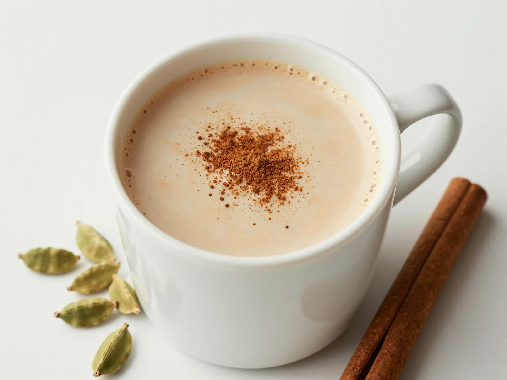 Spiced chai latte mug cinnamon dust cardamom pods