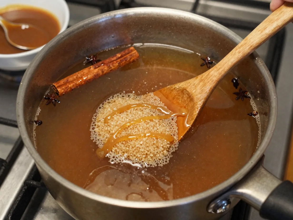 Brown sugar caramel apple cider with drizzle topping in saucepan