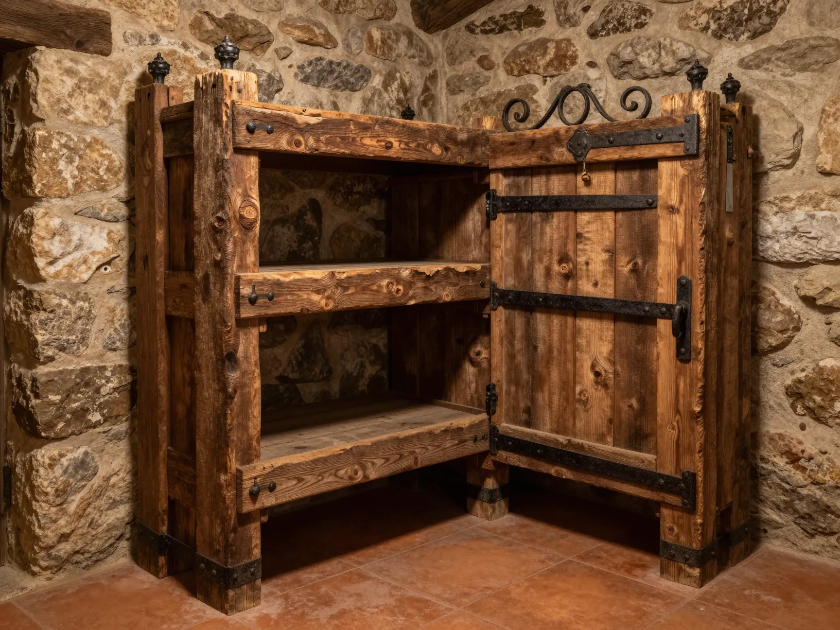 Rustic farmhouse wine cellar with reclaimed wood and wrought iron hardware