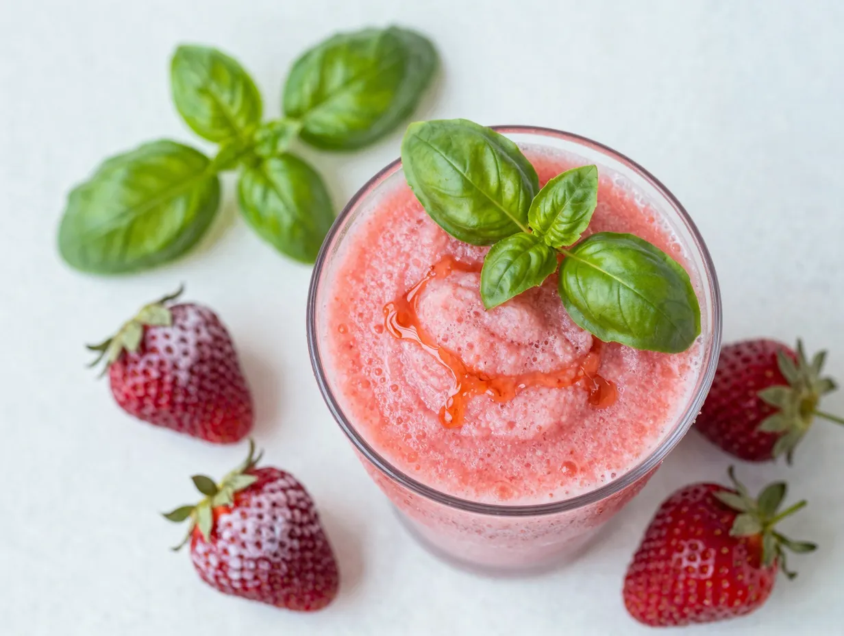 Strawberry delight slushie with fresh basil leaf garnish