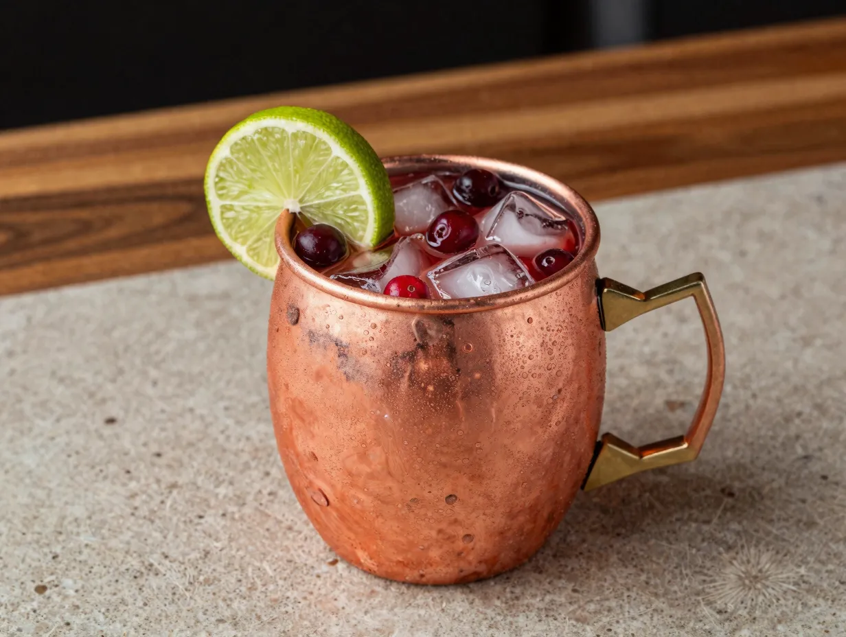 Cranberry mule mocktail copper mug lime cranberries