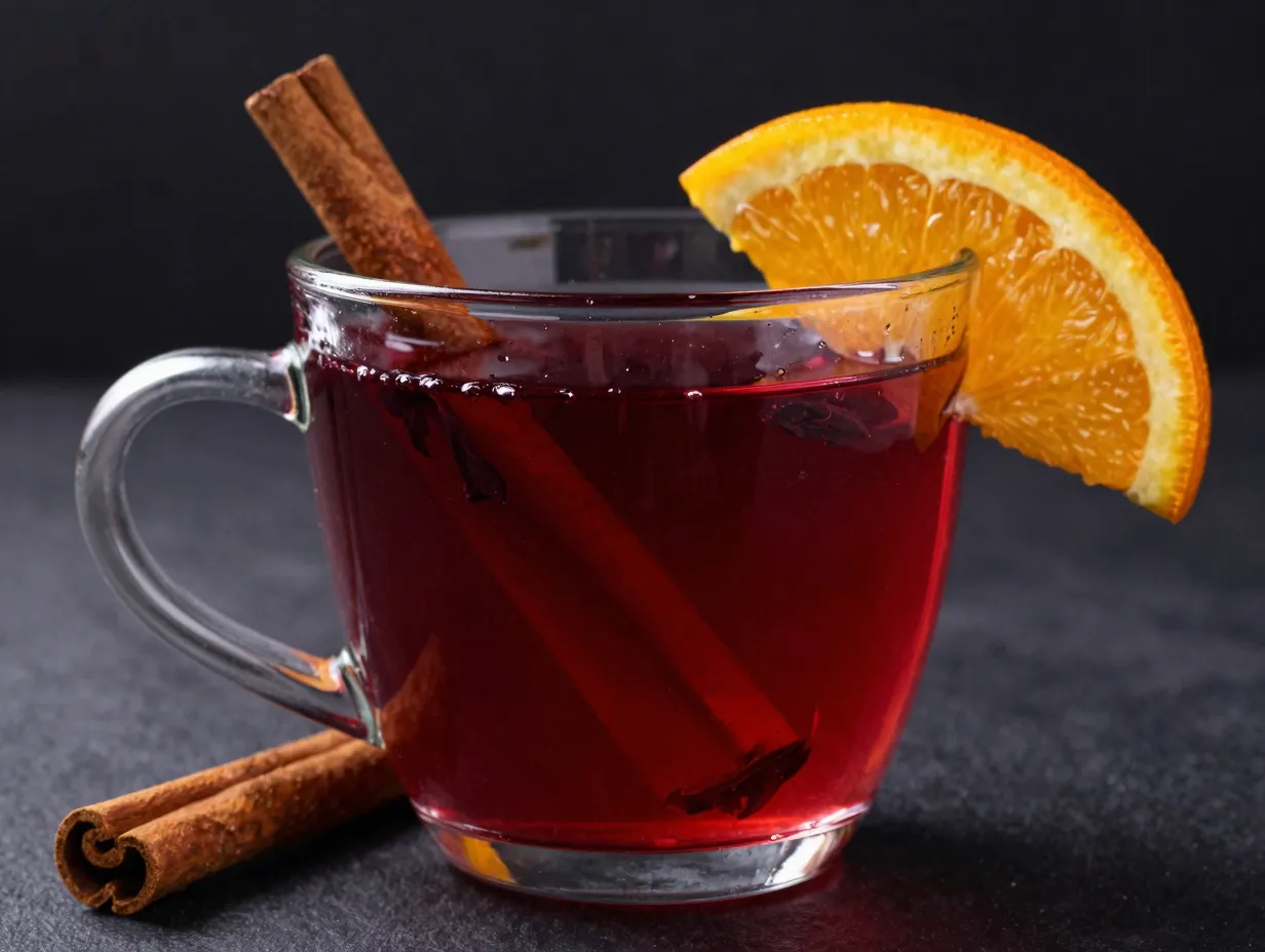 Hot spiced orange hibiscus tea clear glass crimson