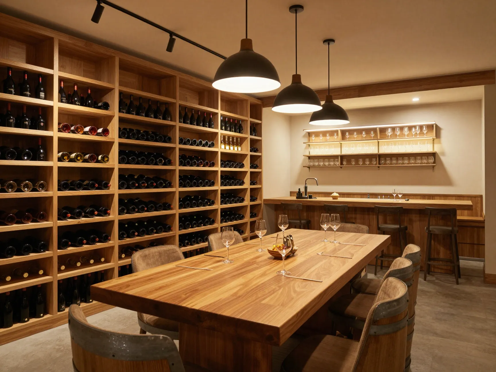 Integrated oak wine cellar tasting room with layered lighting and table