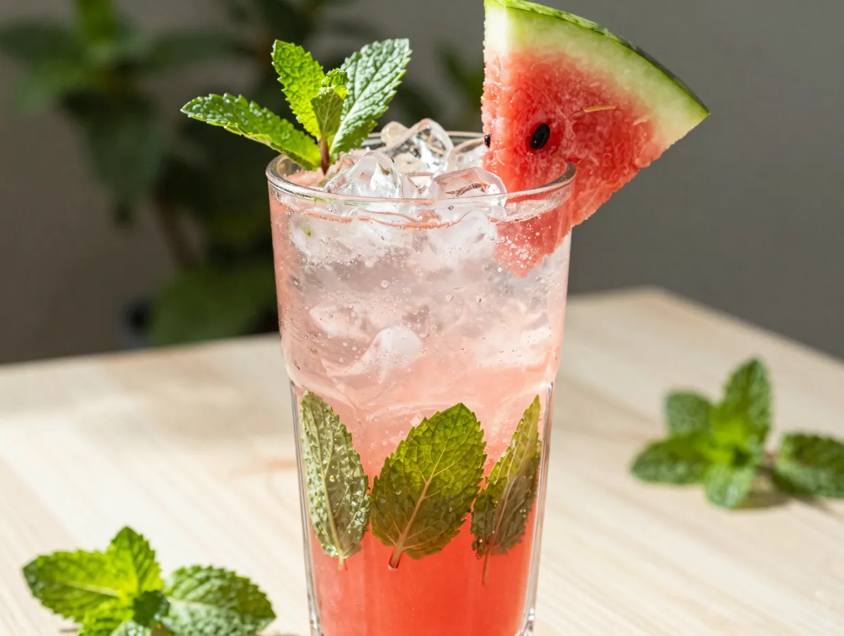 Refreshing watermelon mint sprite with muddled mint and garnish