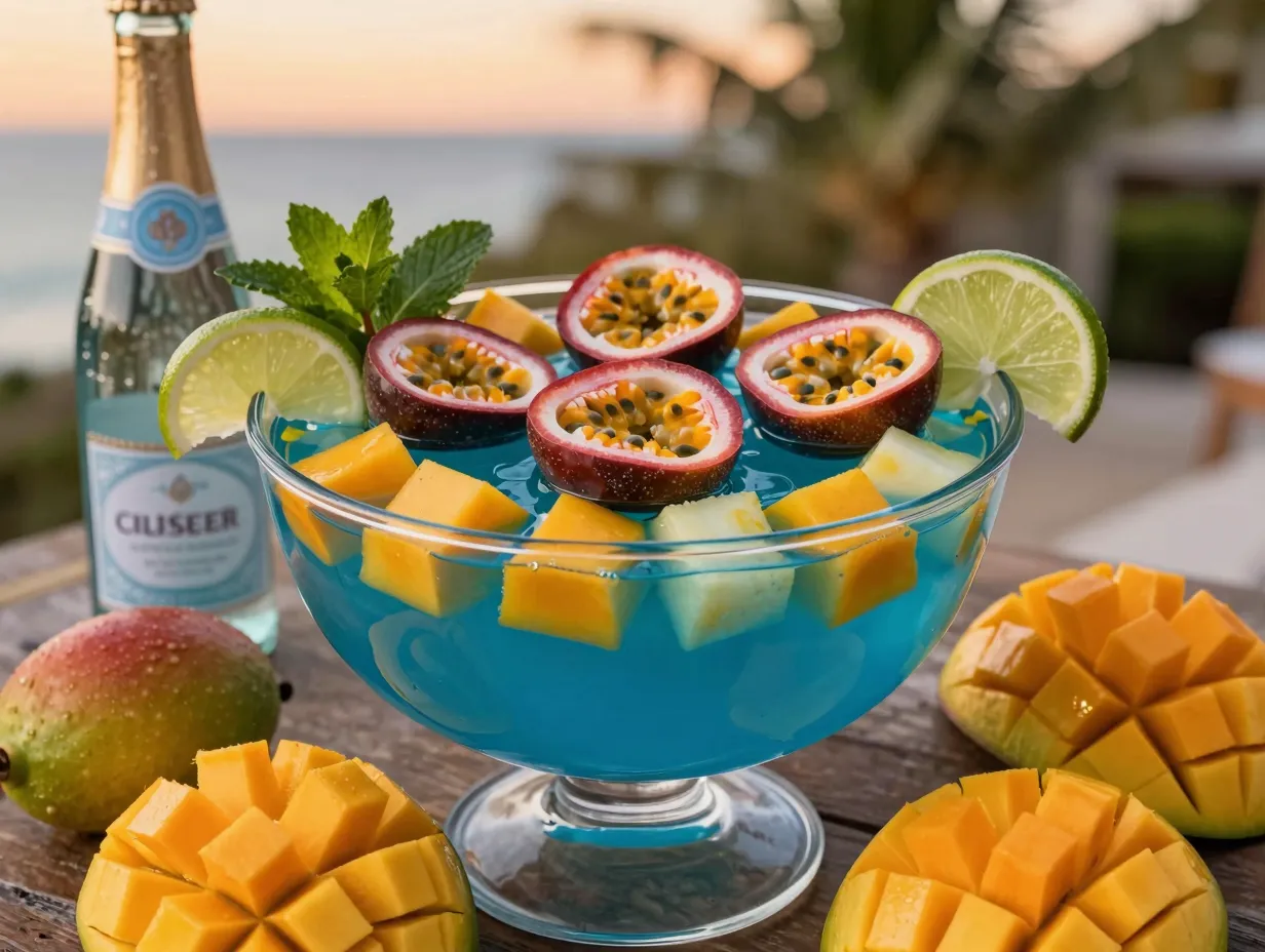 Tropical blue party punch mango passion fruit garnishes